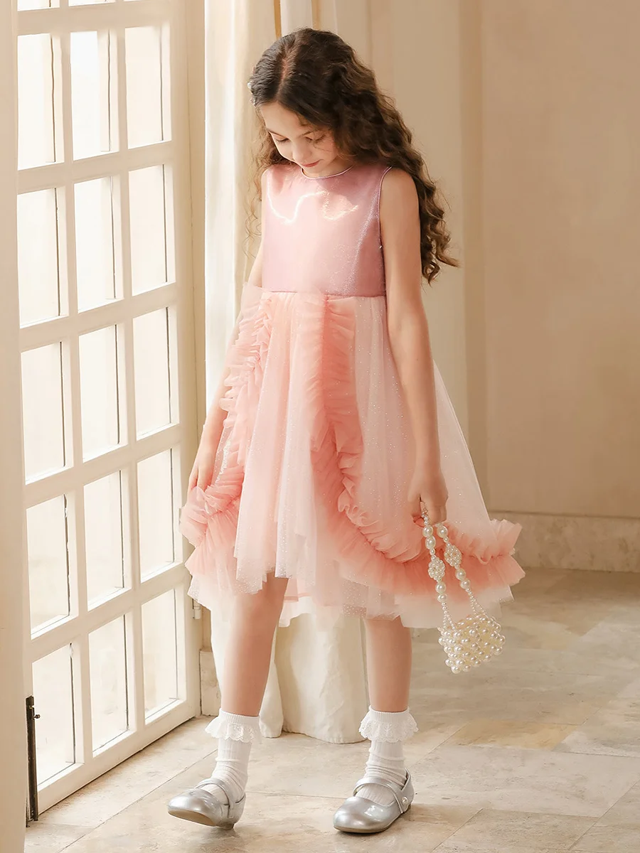 

Baby Girls Summer Sleeveless Dresses Pink Gauze Cute Kids 3T 14Y Children Wedding Party Flower Girl Wear 170cm Mother Clothes