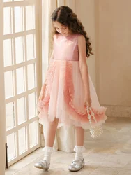 Baby Girls Summer Sleeveless Dresses Pink Gauze Cute Kids 3T 14Y Children Wedding Party Flower Girl Wear 170cm Mother Clothes