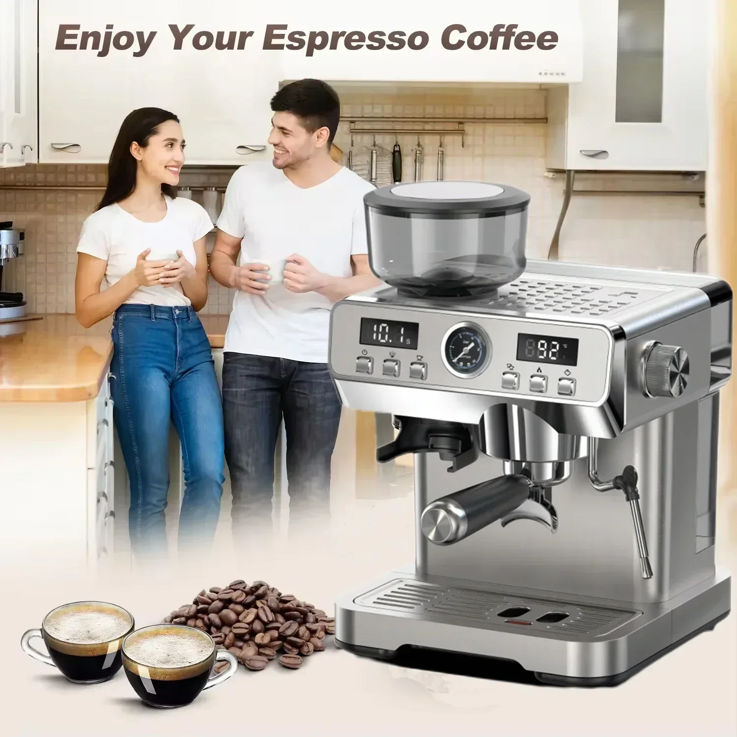 Professional 20-Bar Pressure Pump Stainless Steel Semi Automatic Espresso Coffee Machine With Pressure Gauge And Display