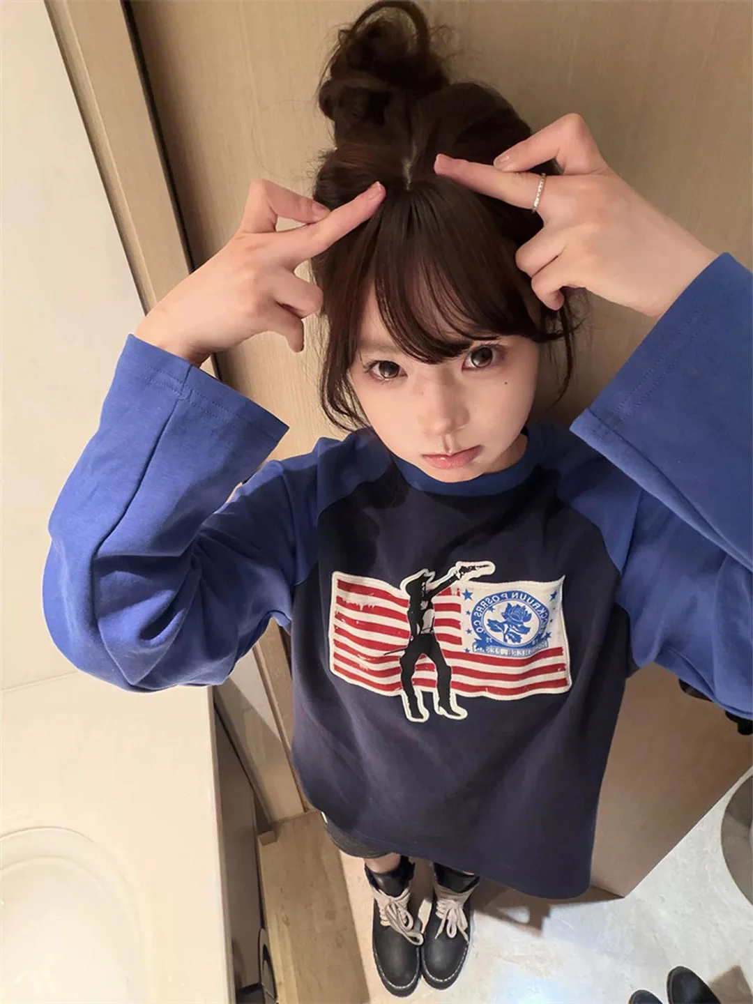 American Style Long Sleeve T-Shirt Women Loose Fit Casual Flag Print Shoulder Insert Autumn Fashion Small Size Friendly Top