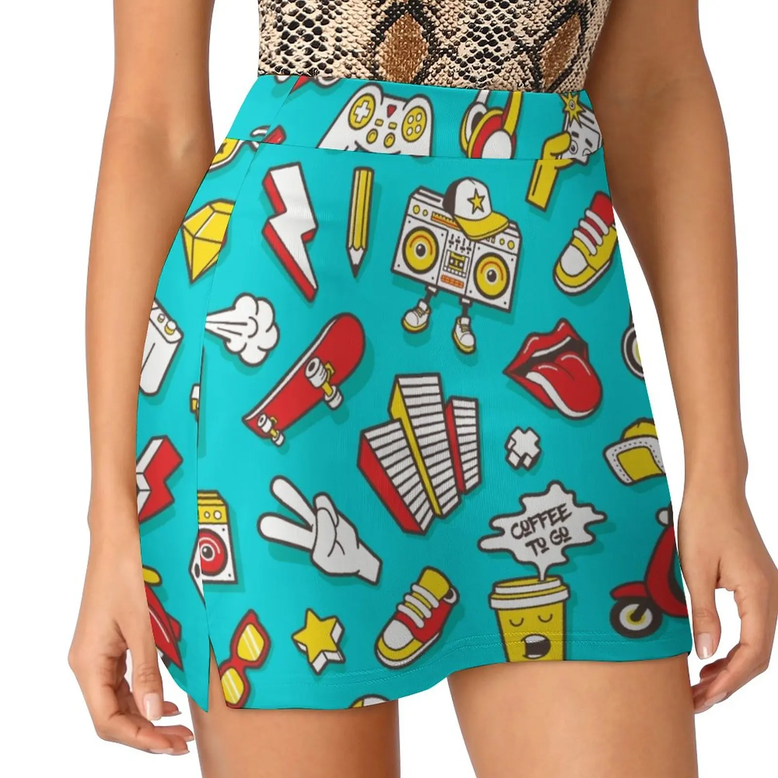 Teal Retro Street Urban Style Women's skirt Mini Skirts A Line Skirt With Hide Pocket Retro Urban Street Rosebunny Design