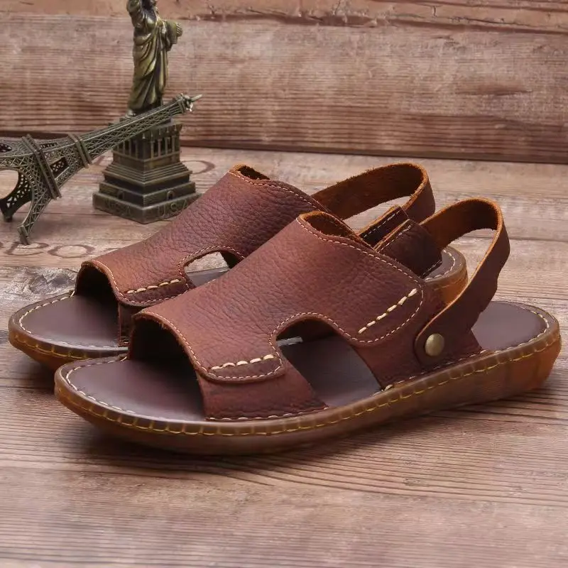 2024 Men's Summer Leather Flat Sole Sandal Soft Sole Non Slip Open Toe High Quality Dual Purpose Outdoor Beach Slippers Sandals