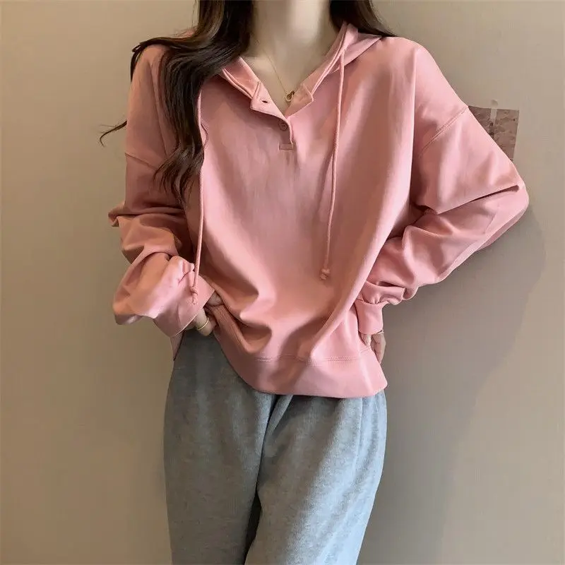 Sudaderas con capucha sencillas de Color sólido para mujer, ropa de oficina para mujer, Tops holgados informales que combinan con todo, moda de otoño