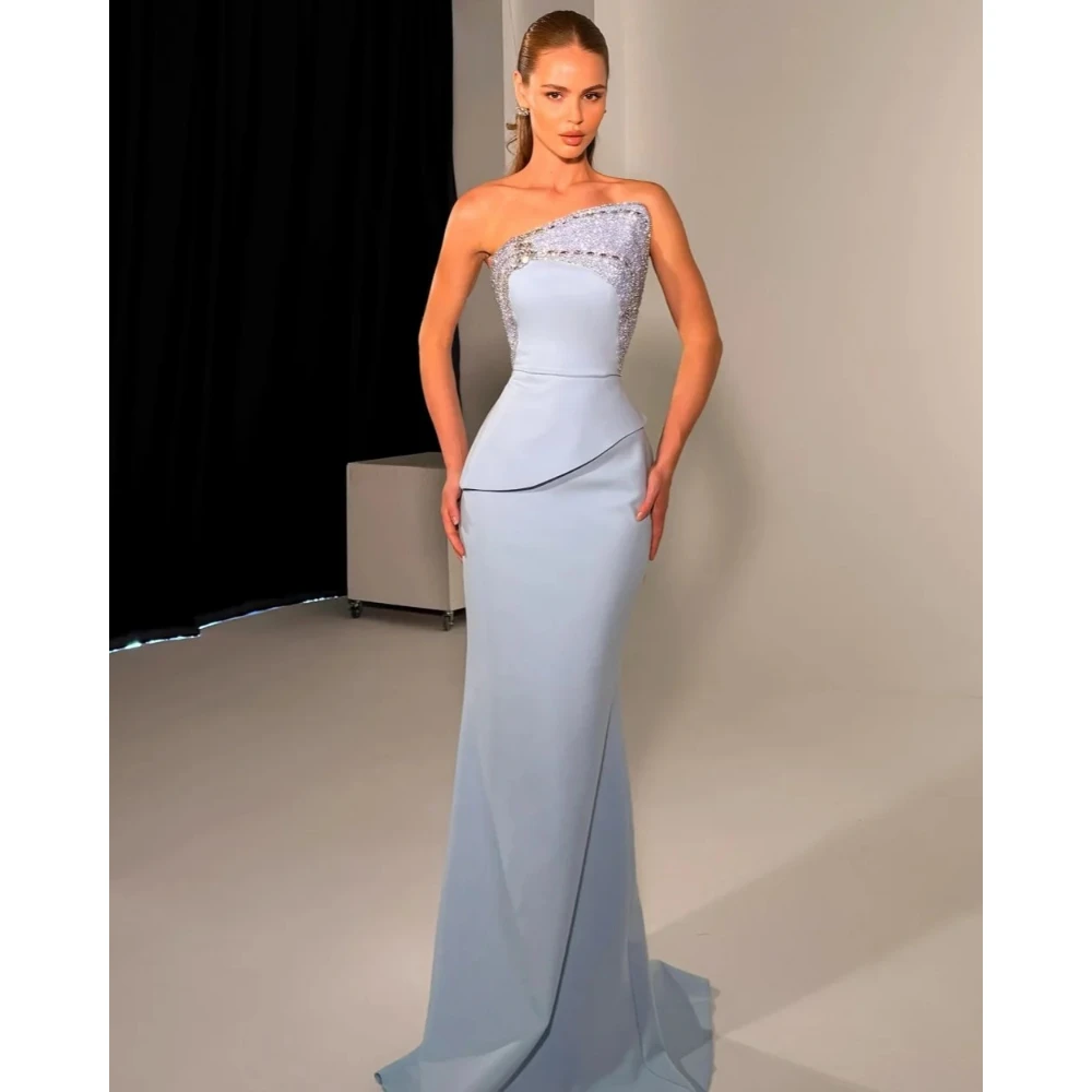 

Pale Blue Elegant Prom Dress Customized Jersey Rhinestone Beading Mermaid Strapless Evening Gowns Floor Length Party Dress