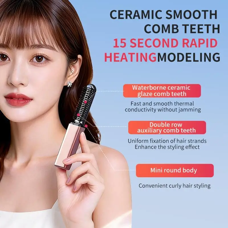 Mini Straight Hair Curling Comb 1 Set Wireless Charging Portable Fast Heating Anti-Scald for Travel Home Hair Styling
