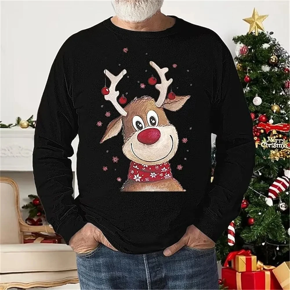 New Festivals Pattern Christmas European Size Long Sleeved T-shirt For Men\'s Casual Autumn Trend Top Round Neck Tees