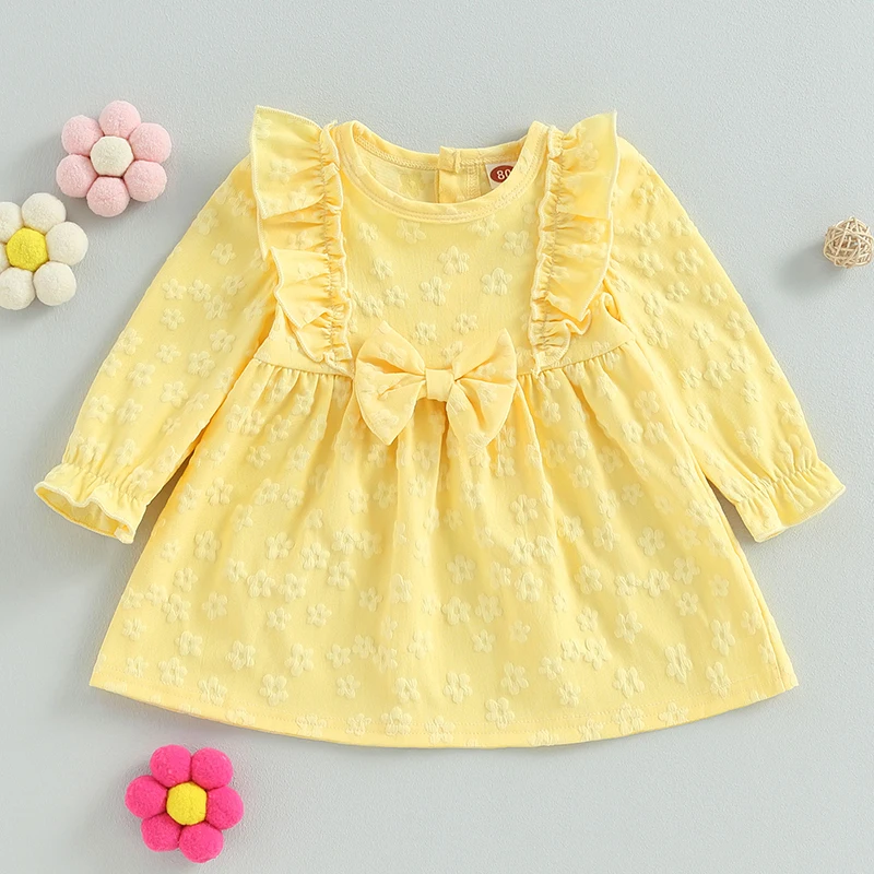 EWODOS Toddler Baby Girls Sweet Yellow Dress Sweet Long Sleeve Dress Crew Neck Flower Bow A-line Dress for Casual Daily Party