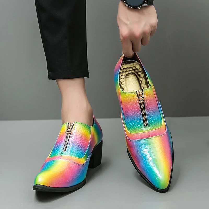 Men High Heels PU Multi-color Pointed Zipper Cuffed Fashion Banquet Shoes Comfortable Business Casual Shoes Hairstylist Shoes