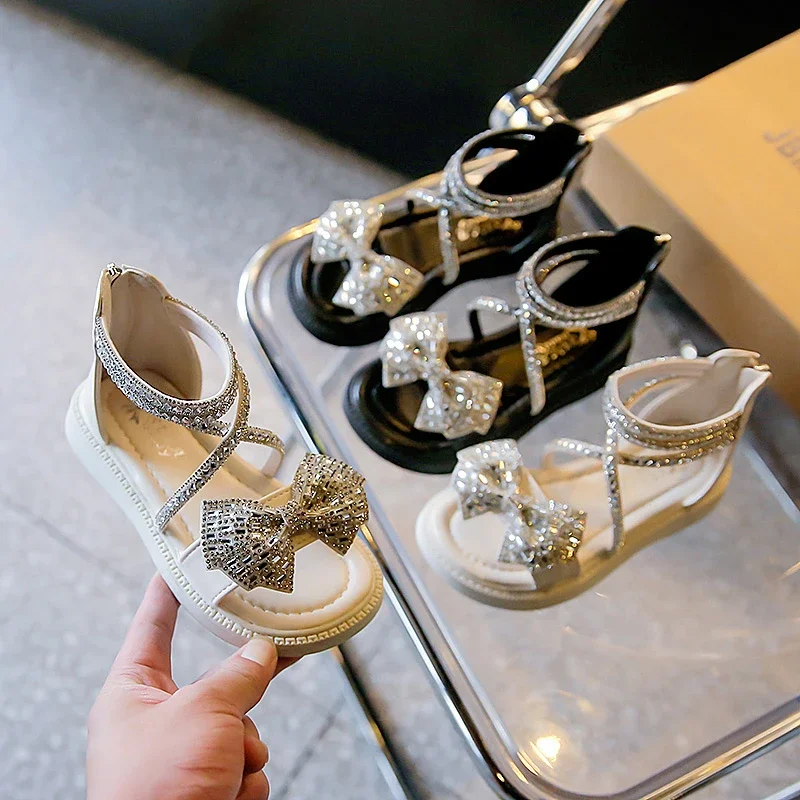 Sandales brillantes à strass pour filles, chaussures pour enfants, bout ouvert, polyvalentes, mode, fermeture éclair au dos, décontractées, nouvelle