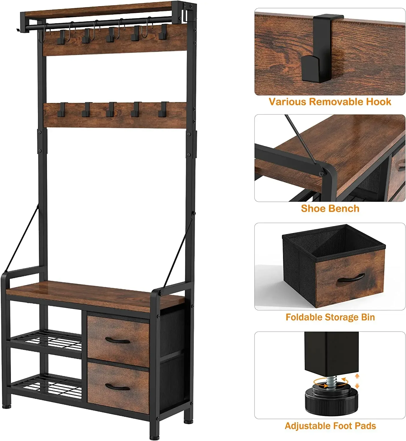 Entrance Bench Freestanding 4-in-1 Smart Design Shoe Stool and Ledge Coat Rack