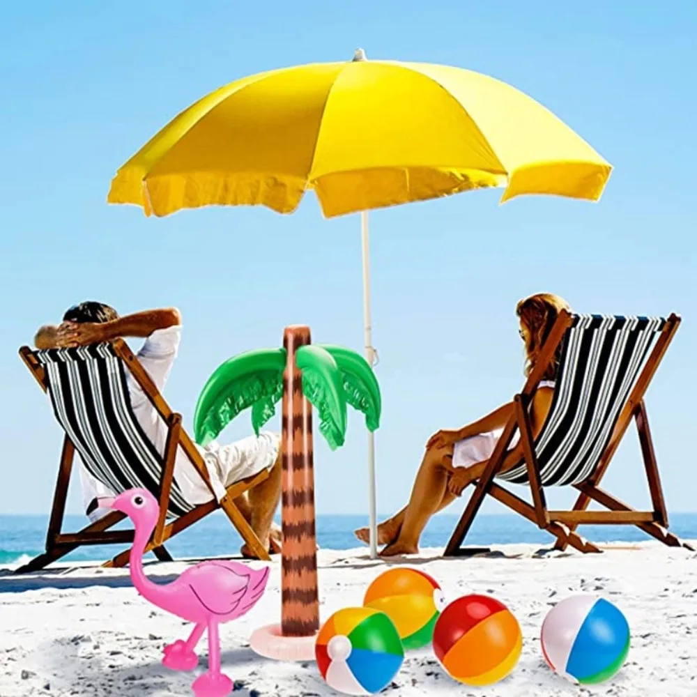 9-piece inflatable Hawaiian party set, 2 coconut trees, 2 beach balls, 1 parrot, 1 flamingo, 1 banana, 1 dolphin, 1 pump, party supplies, beach party, pool party, adult party decorations