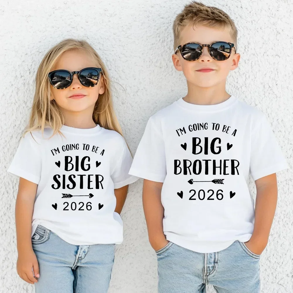 Promoted To Big Brother Big Sister 2026 Printed Kids T-shirt Child Summer Outfit Short Sleeve Shirts Baby Announcement Clothes