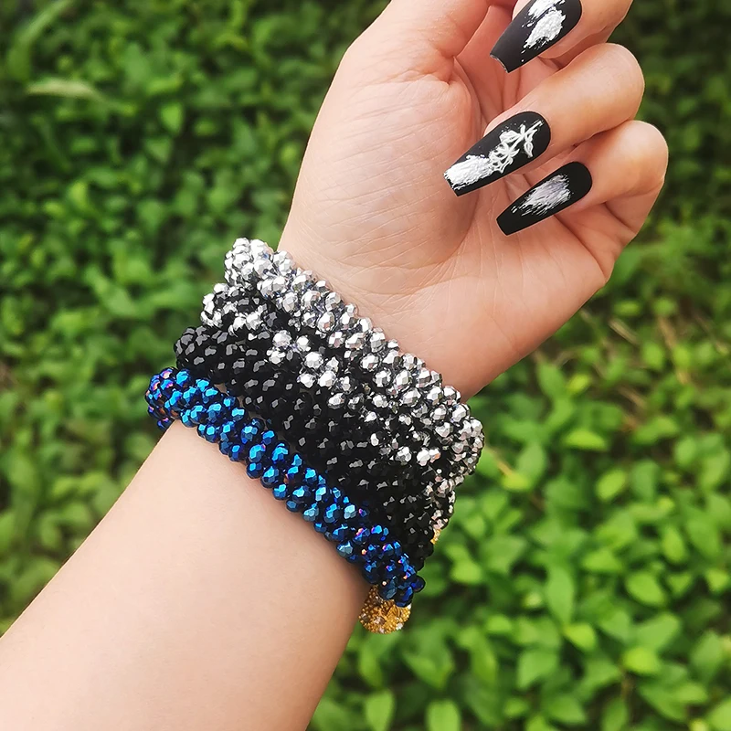 KIOOZOL Fashion Thick Crystal Bead Bracelet Blue Black Silver Color Bracelet For Elegant Women Jewelry Accessories KO2