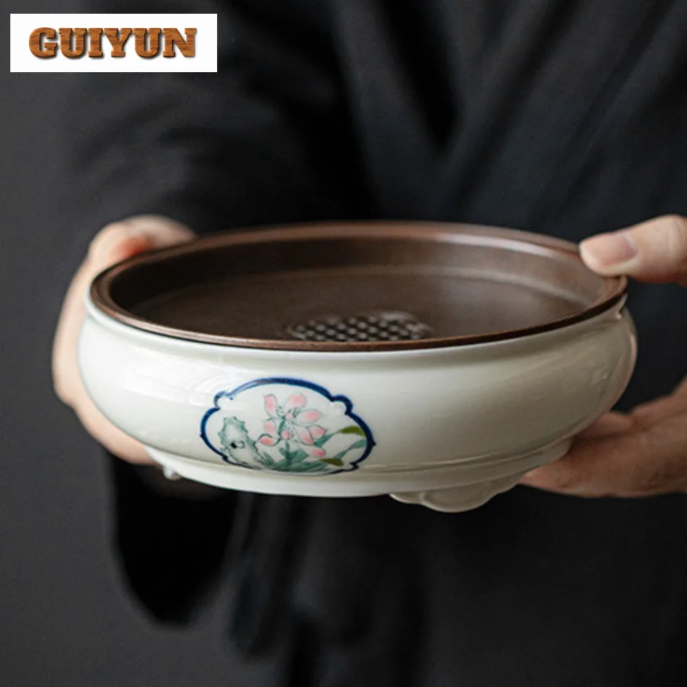 

Hand-painted Orchid Pot Bearing Holder Tin Cover Dry Soaking Table Window Oprn High Foot Water Storage Tea Tray Cha Tea Ceremony