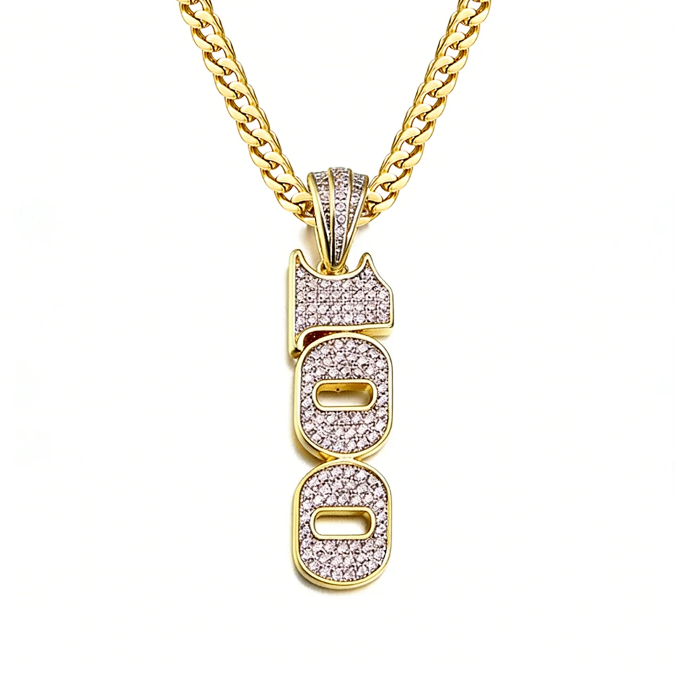 

VANAXIN Hip Hop Number 100 Necklace for Men Women Cubic Zirconia Simple Charm Pendant Fashion brass 14k gold plated Jewelry