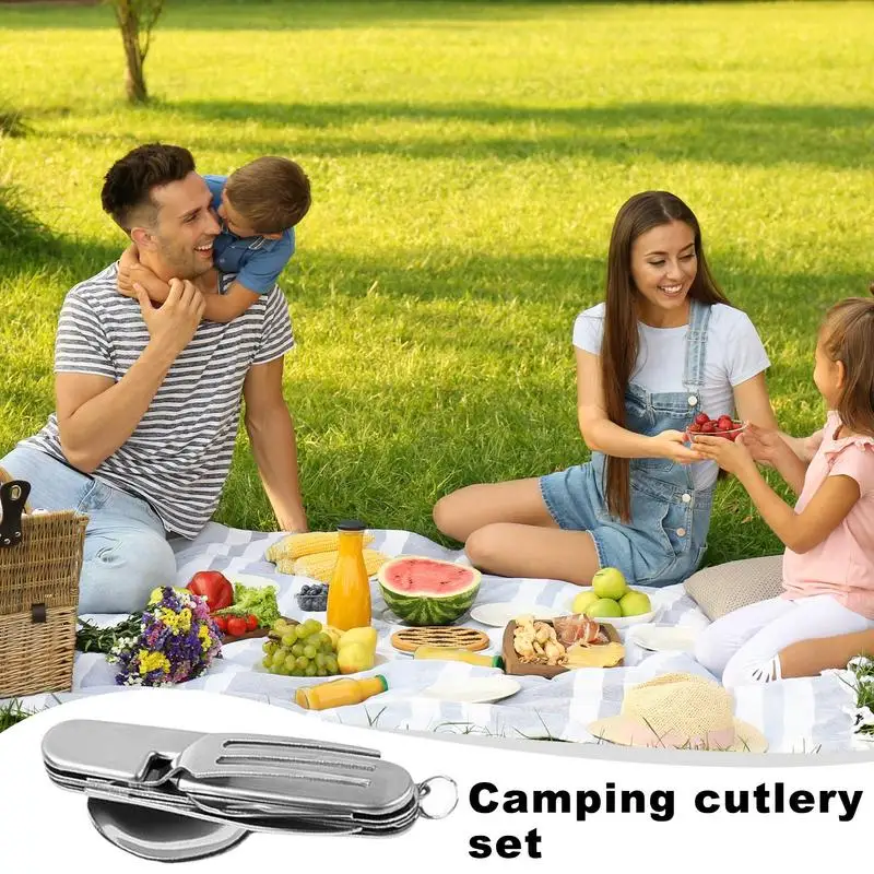 4 IN 1 Foldable Camping Cutlery Set Knife Fork Spoon Stainless Steel Portable and Detachable Multitools Flatware Picnic Utensil