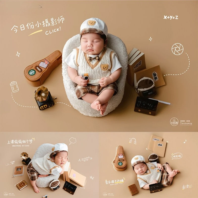 Newborn Photography Props Cute Baby Boy Vintage England University Style Theme with Guitar Books Backdrops Decors for Photoshoot
