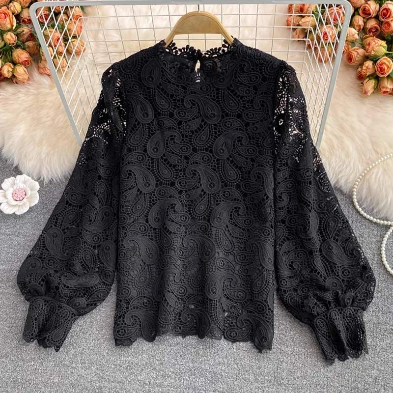 EWQ Fashion Lace Hollow Out Embroidery Blouse For Women Lantern Sleeves Solid Color Loose Tops Casual 2024 New Clothing 27C650