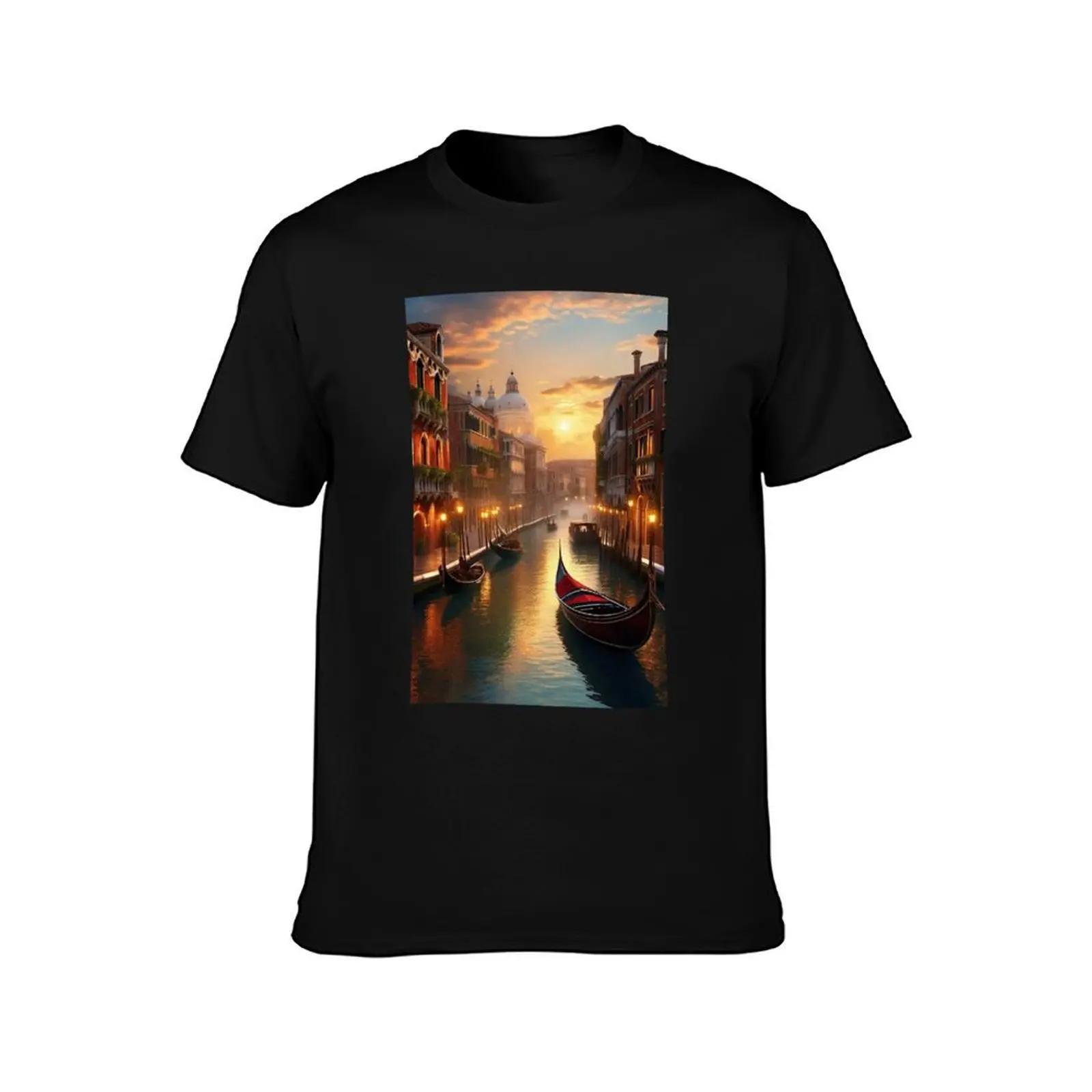 Picturesque gondolas in the canals T-Shirt, Summer Casual Cotton Tee, Oversized Streetwear Tops, Vintage Graphic Print