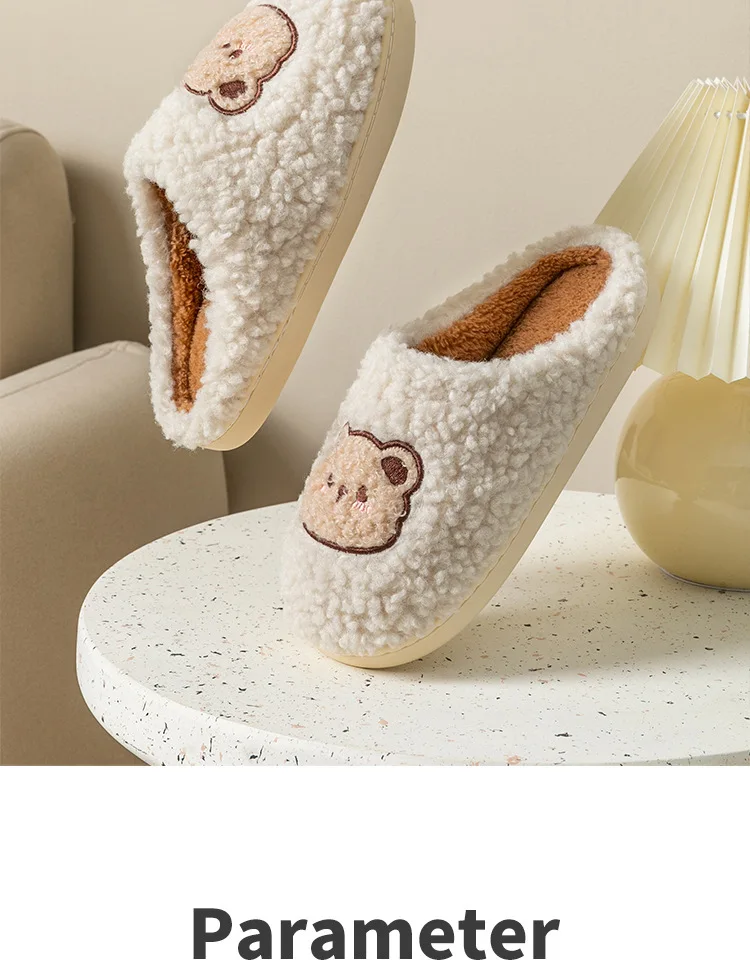 Cartoon Cute Bear Plush Slippers Warm Cotton Sherpa Antiskid Couples House Comfortable Shoes for Winter Autumn Half Bench Shoes