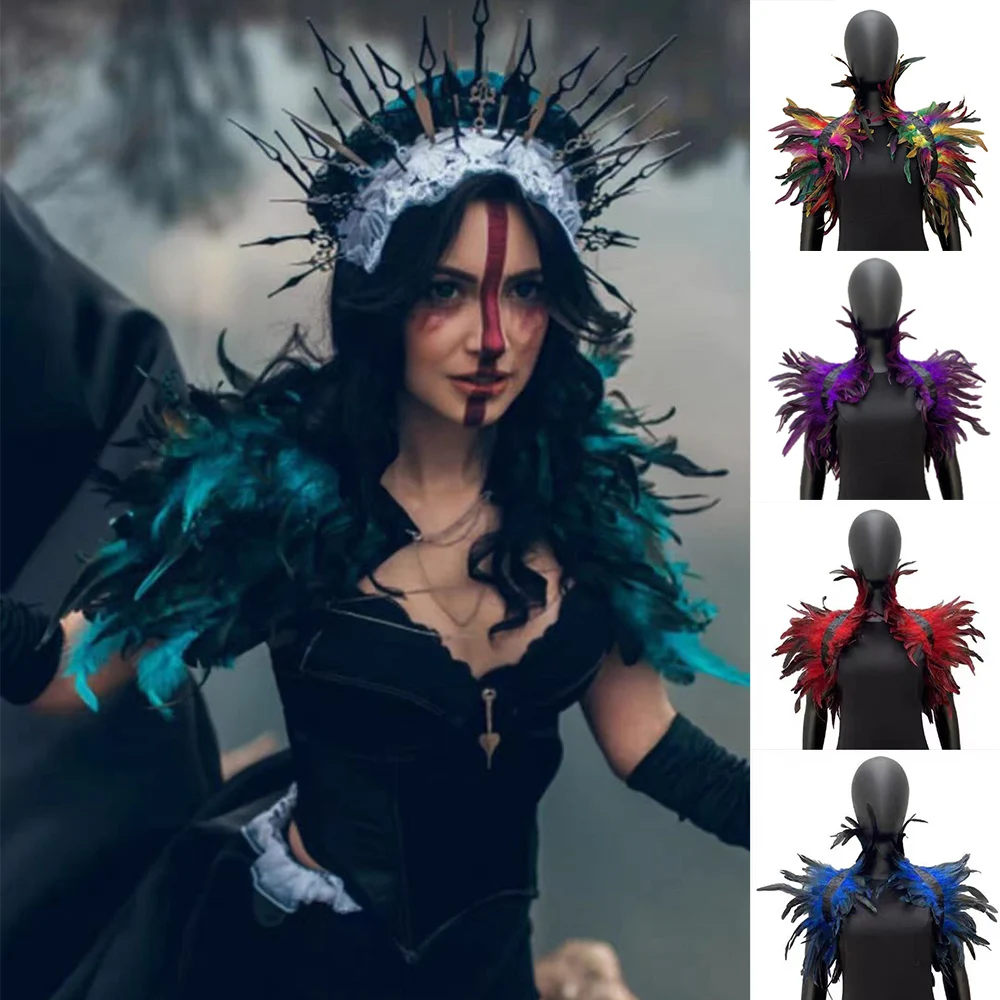 Gothic Punk Feather Shrug Shawl Cape Halloween Carnival Costume Role Play Holiday Party Bar Stage Natural Feather Costumes Props