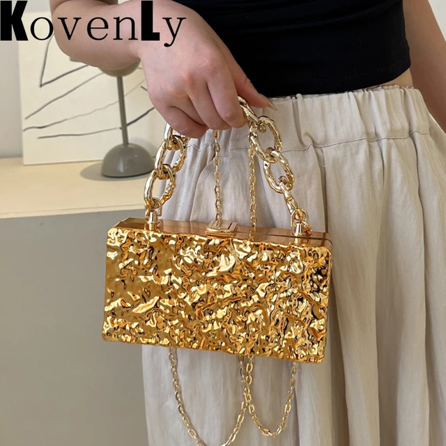 Fashion Handbag Shiny Gold Women Pouch Bags For Women Luxury Designer Bag Evening Party Clutches Metal Chain Messenger Purse