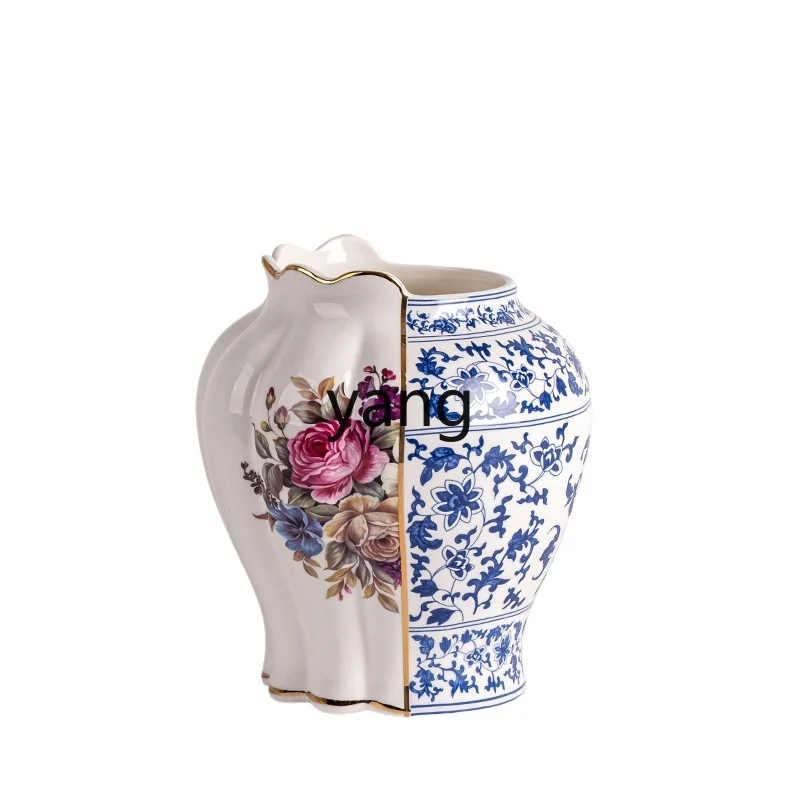 

Yjq Vase Decoration Living Room New Chinese Blue and White Porcelain Ceramic Jingdezhen Mild Luxury Retro Hydroponic Creative