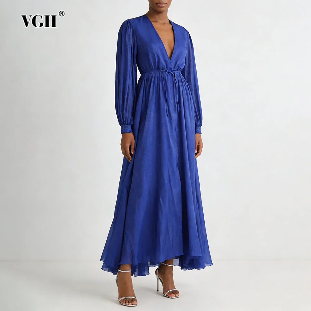 

VGH Sexy Vintage Solid Dinner Dresses For Women Deep V Neck Long Sleeve High Waist Spring Temperament Draped Dress Female New