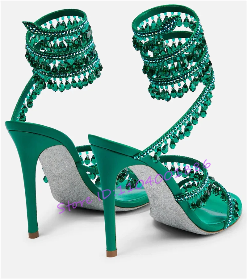 Rhinestone Snake Shape Ankle Strappy Sandals Summer Sexy Open Toe High Heels Crystal Pendant Stiletto Party Wedding Women Shoes