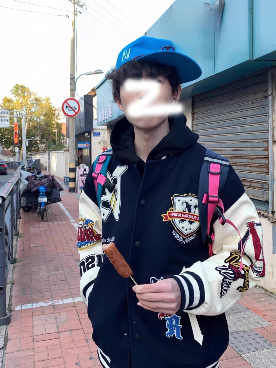 

Retro Heavy Embroidery American Baseball Jaet for Men And Women Casual Couple Matching Leather Contrast Color Blo Coat