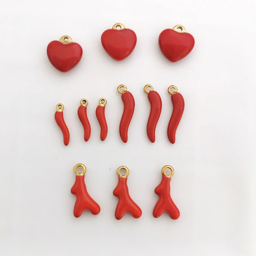 3pcs/lot Stainless Steel Pendant  Red Pepper Coral Heart Charm Gold Color Custom For Necklace PVD Plated Waterproof Wholesale