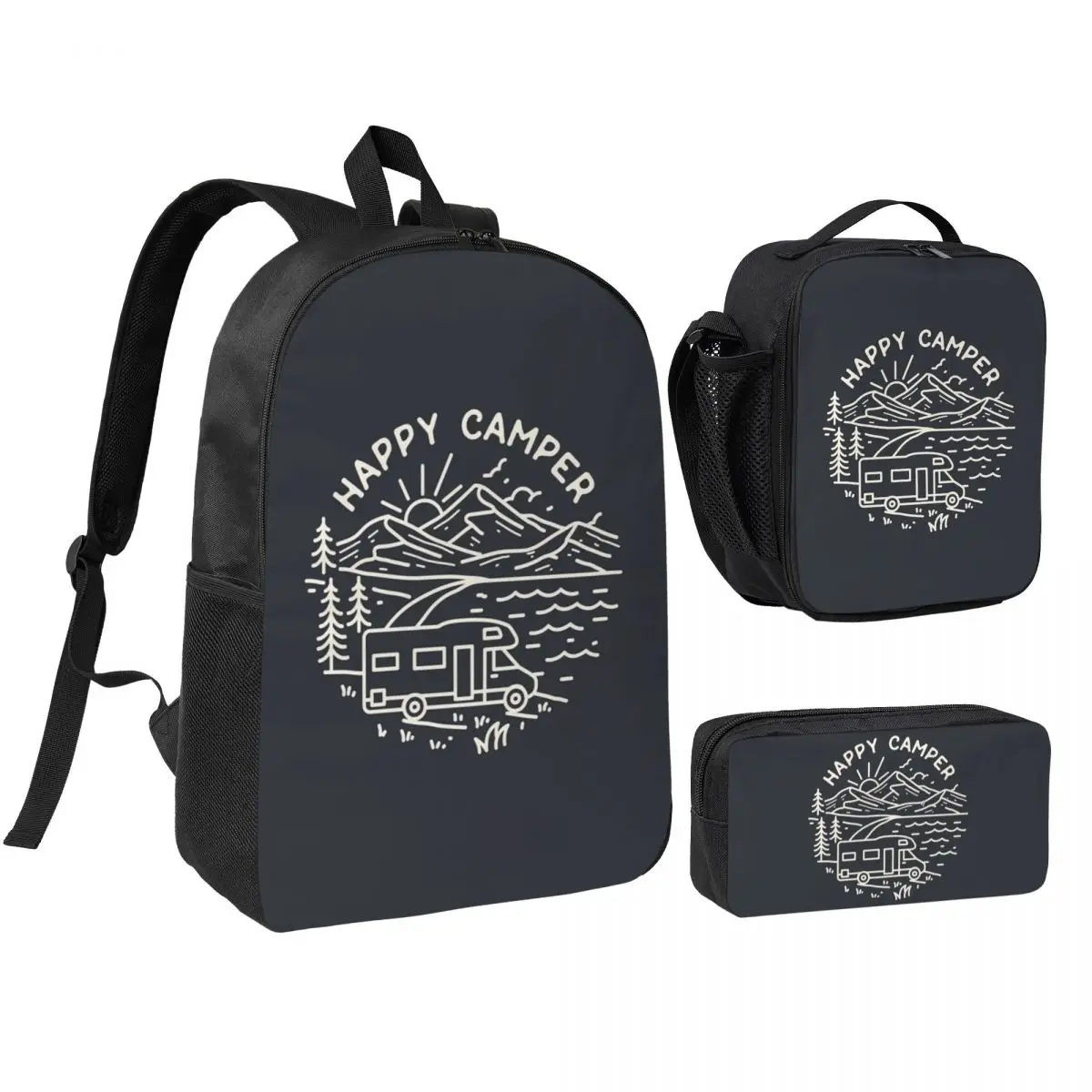 

Happy Camper - Motorhome60x90 Backpack Student BookBag School Bag Shoulder Bags 3ps Insulated Lunch Bag Pencil Case