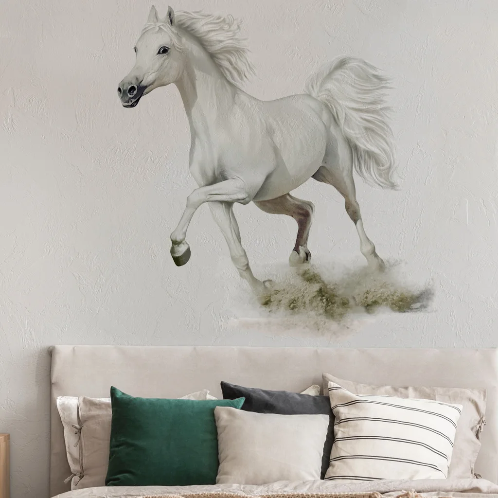 1Pc Horse Pattern Wall Sticker Modern Animal Print Pvc Wall Decal For Home Decoration, White Galloping Horse Pattern