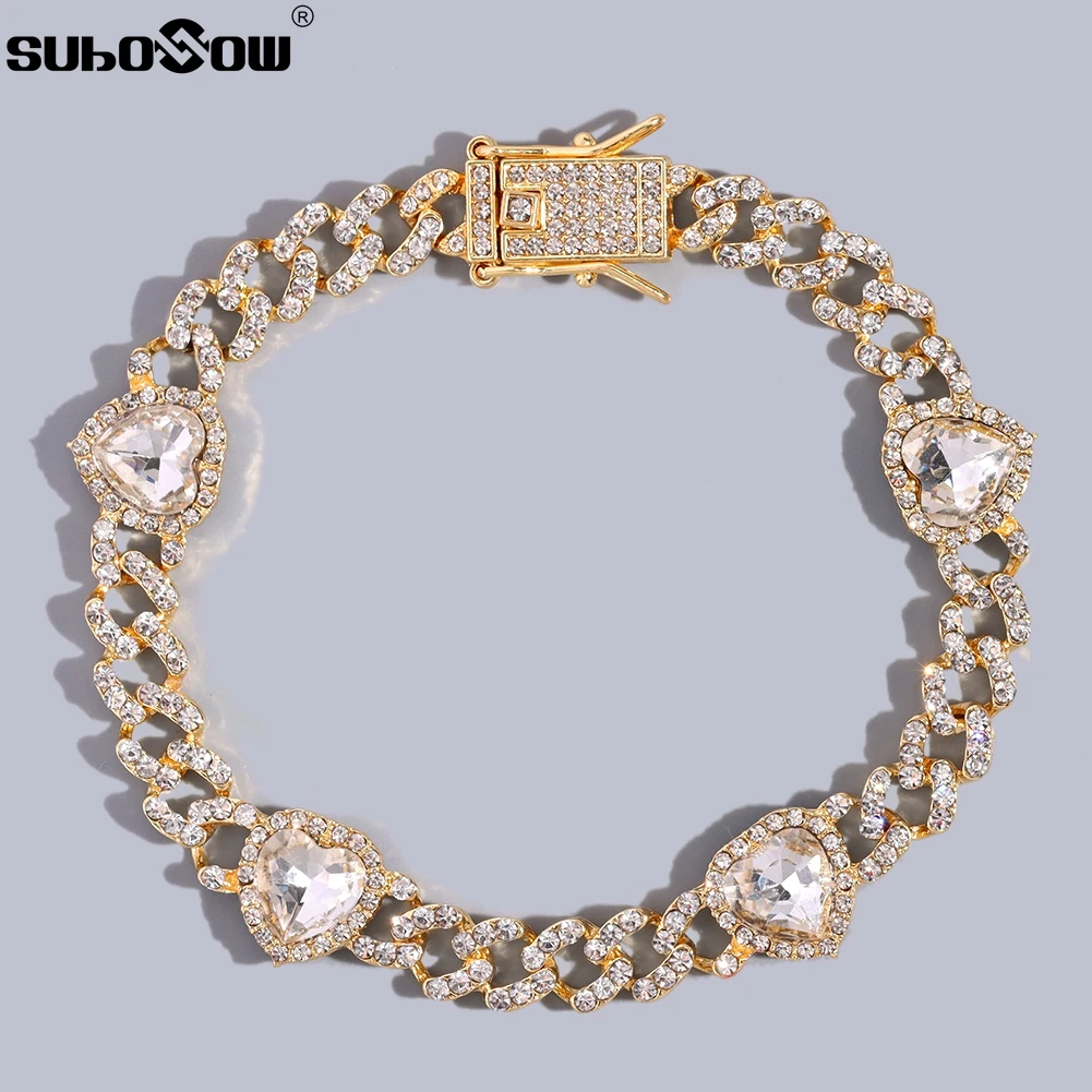 아이스 아웃 블링 라인 석 여성을위한 하트 발목 9.5MM 쿠바 링크 체인 발 발목 다리 팔찌 체인 패션 쥬얼리 선물