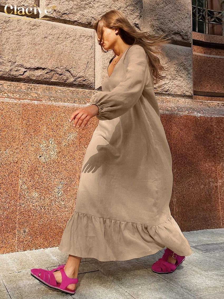 

Clacive Casual Loose Khaki Linen Women's Dress 2025 Fashion V-Neck Long Sleeve Dresses Elegant Classic Solid Female Dress