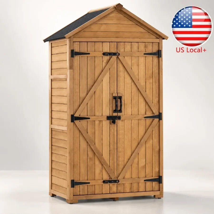 Outdoor storage cabinet with 2 shelves, wooden garden tool shed with floor and latch, natural wood color, weather-resistant for