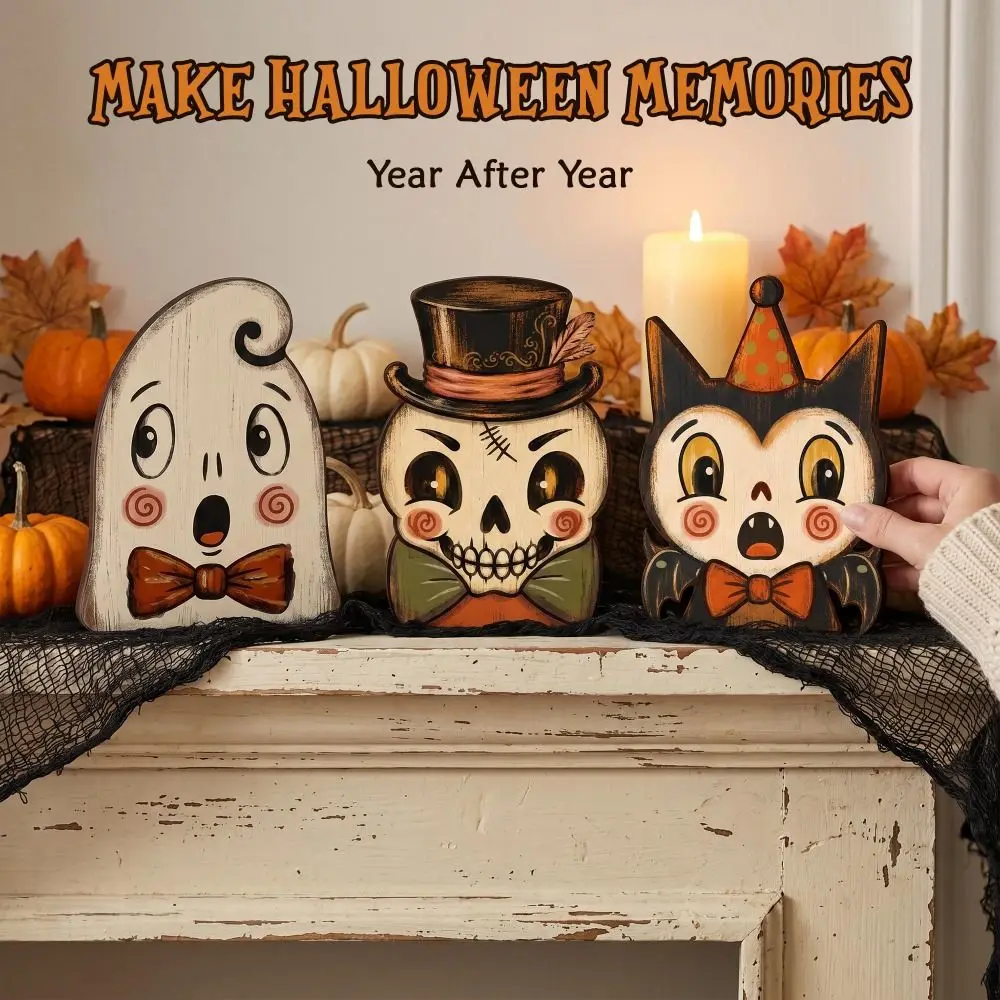 1/6 pièces 10 cm Décoration d'Halloween en bois vintage en contreplaqué, panneau de table d'Halloween, fantôme, chat noir, citrouille, hibou, petit modèle