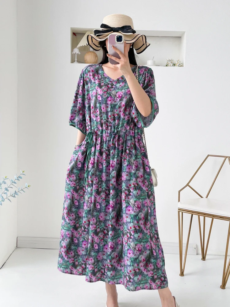 Summer New V-ne Slimming Large Size Artificial Silk Floral Print Dr Women's High Waist A-line Soft Breathable ort Sve