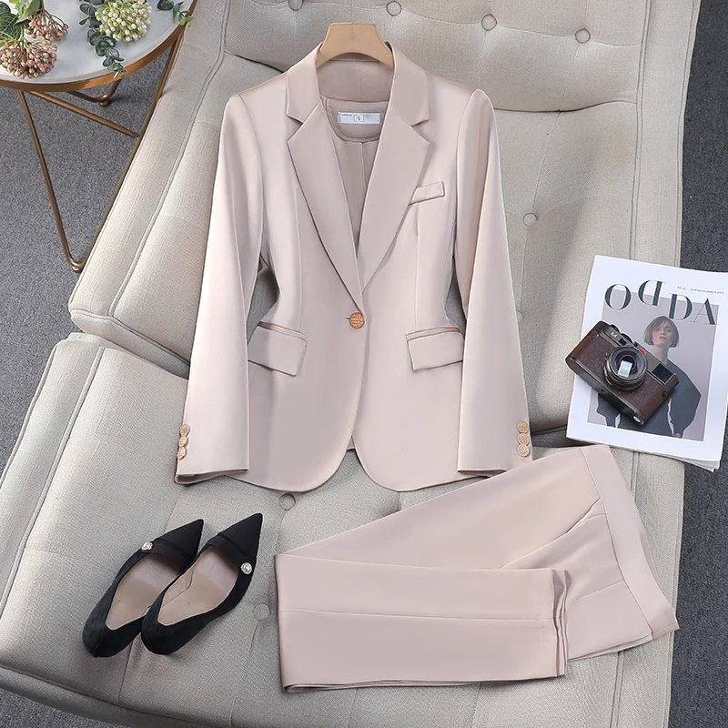 

ZJYT Elegant Women's Blazer Pant Sets Autumn Korean Fashion One Button Jacket Trousers Suit Office Lady Work Outfit Matching Set