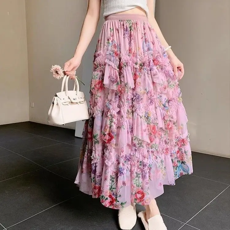 

plus Size Irregular Splicing Floral Lace Skirt Women's Mid-Length Cake Fairy Skirt High Waist Polyester Fiber Korean Sle