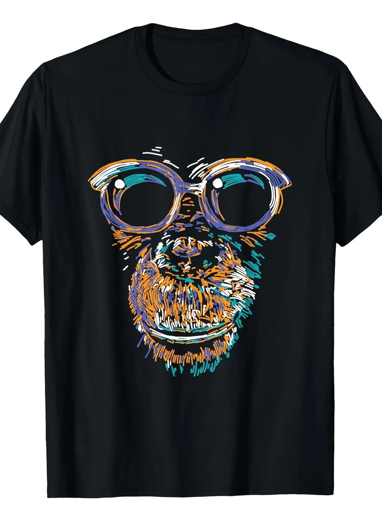 Camiseta gráfica con gafas de mono divertidas para hombre - 220 g de peso pesado, cuello redondo informal, manga corta, lindo diseño de cara primata de dibujos animados con gafas turquesas y moradas, adecuada para amantes de los animales, uso diario y eventos temáticos, acentos juguetes de color naranja y verde azulado