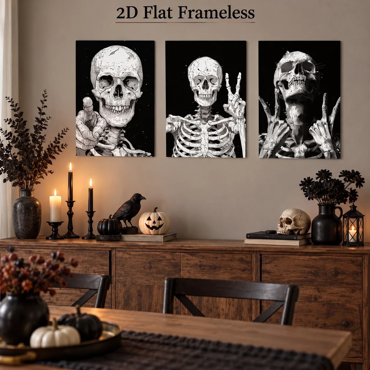 3 skull, hand, gesture Halloween decoration posters, Halloween room wall art 2D flat printing frameless painting