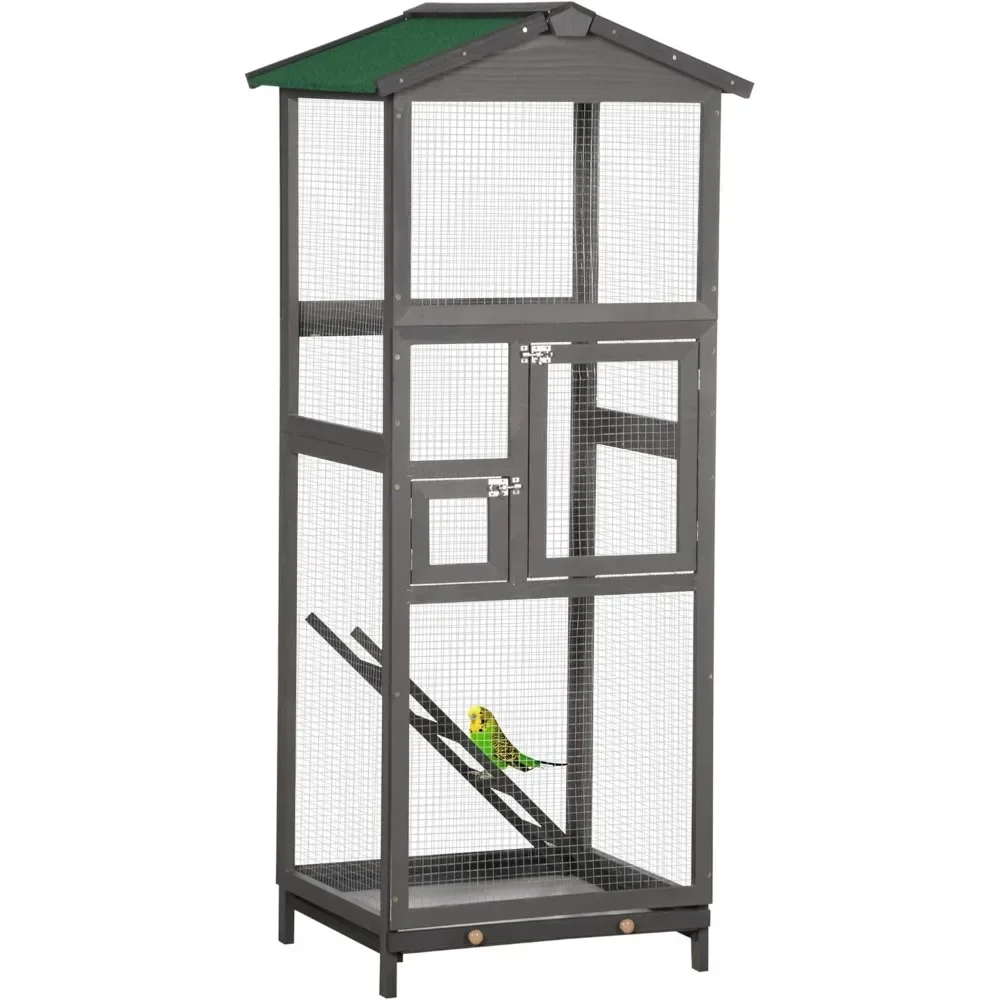 

65" Wooden Bird Cage Outdoor Aviary House for Parrot, Parakeet, with Pull Out Tray and 2 Doors