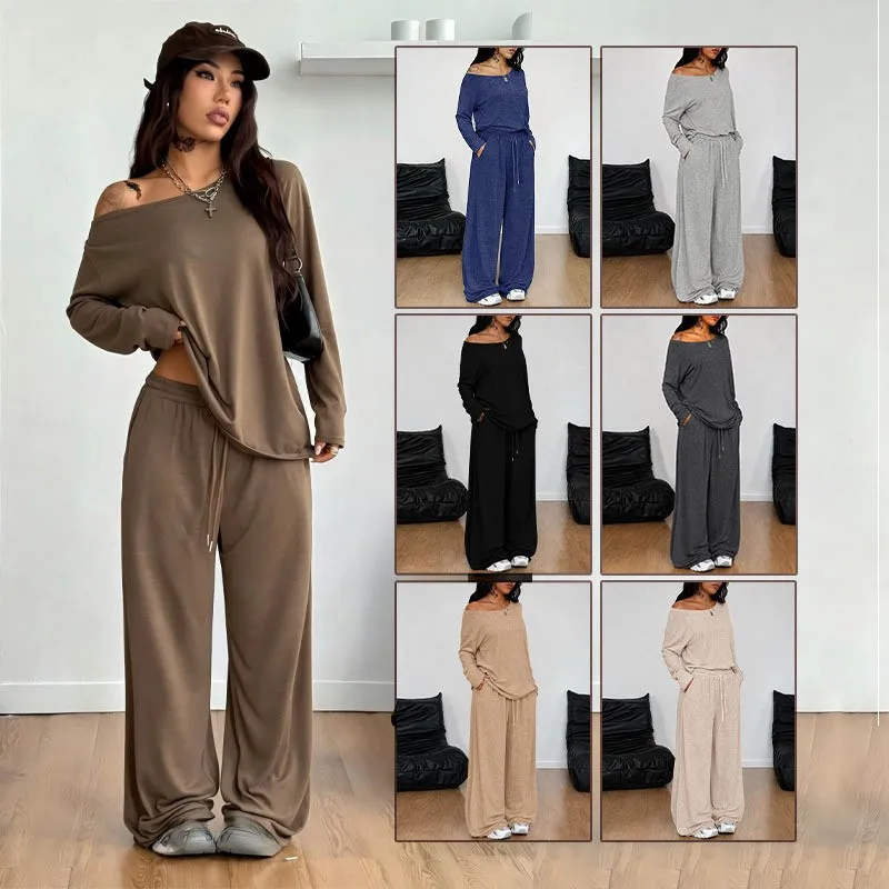 Women's Autumn Knit Two Piece Set Solid Color T Shirt Top and Pants Casual Matching Sets Woman 2 Pieces Clothing Sets with