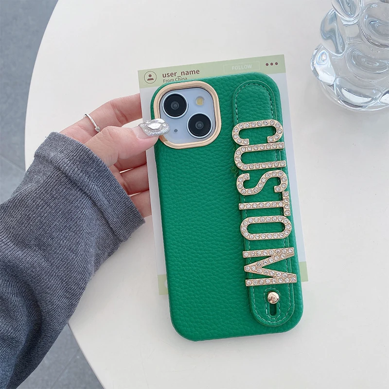 Personalized Leather Phone Case with Name and diamond Letter Wristband for iPhone 16 15 14 13 12 11Pro Max 14 15 16Plus Cover