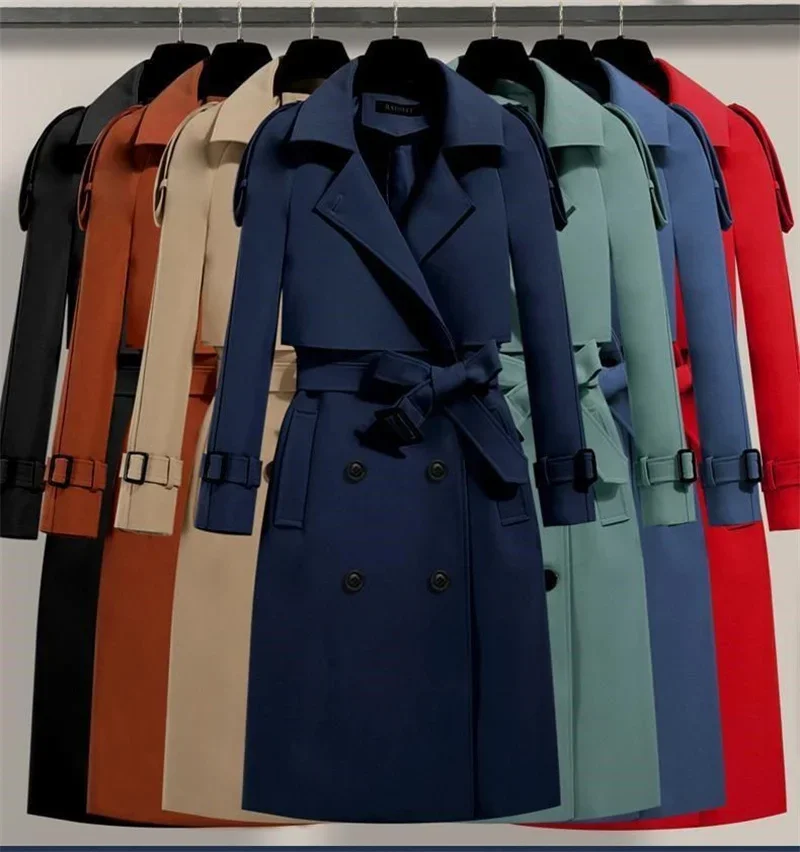 Women Long Trench Coat Fashion Windproof Coat Double Breasted Trench Coats Green Belt Windbreaker Spring Autumn Female Outerwear