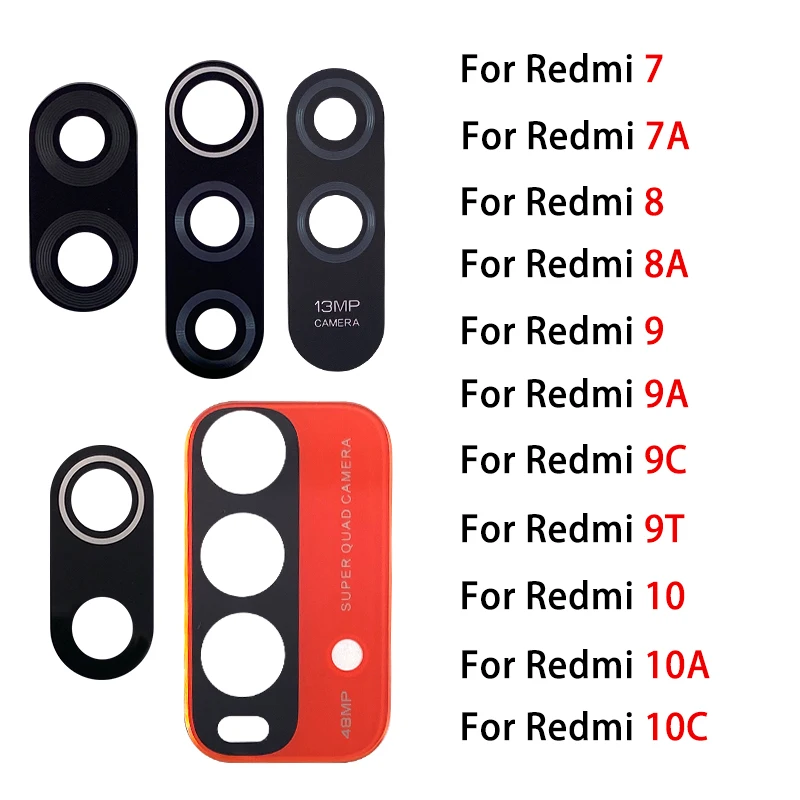 Lente de Cristal de cámara trasera para Xiaomi Redmi 12C 10A 10C 10 9T 9A 9C 9 8A 8 7 7A, repuesto con pegatina adhesiva