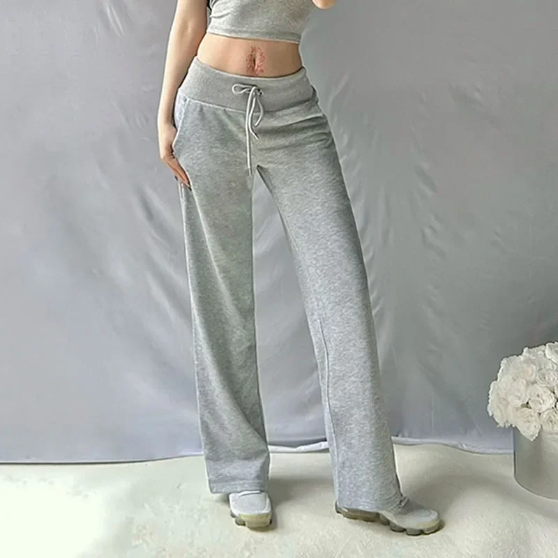 Women 2024 Spring New High Waist Drawstring Trousers Fashion Gray Sport Wide Leg Pants Women Simple Sweet Cute Y2k Sweatpants