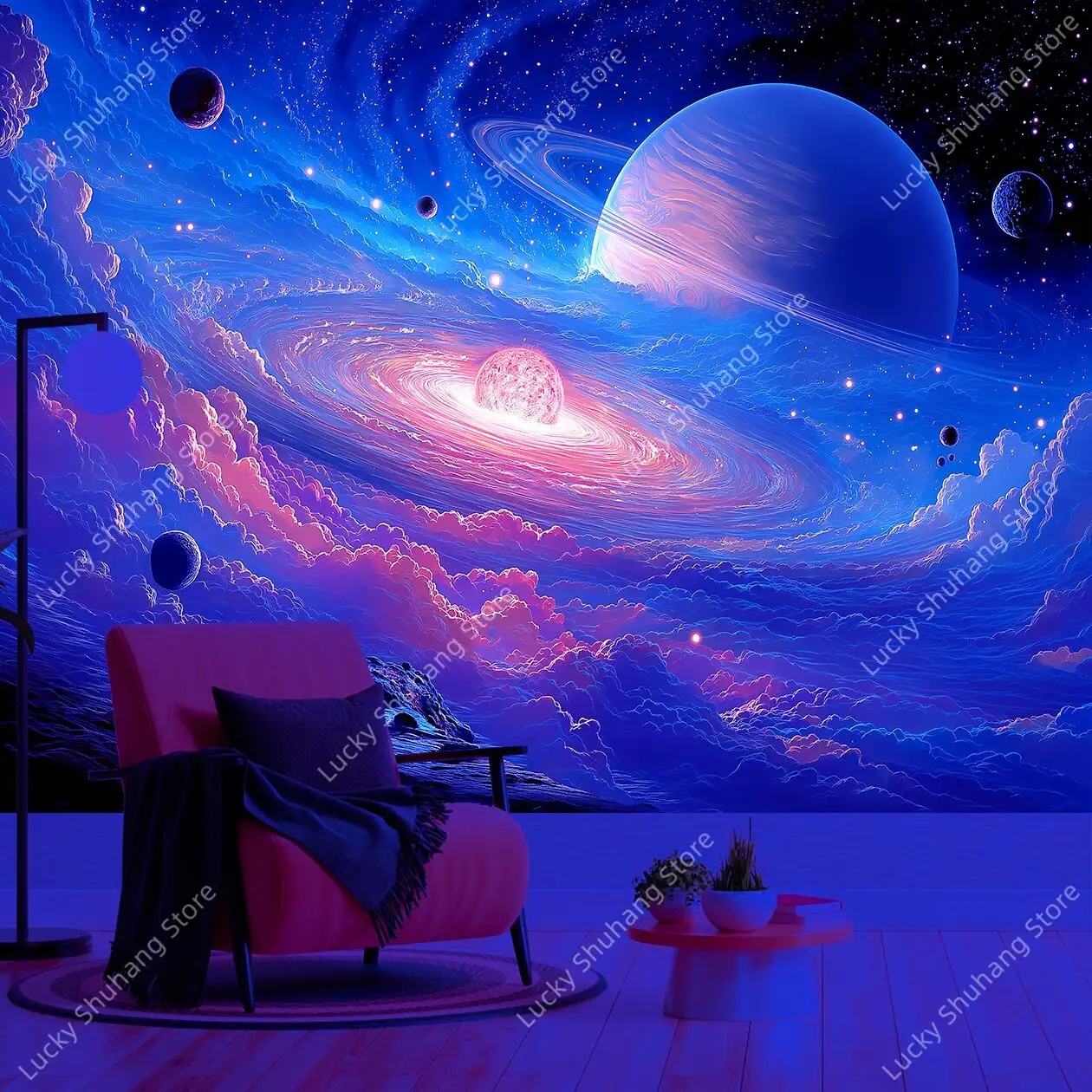 Majestic Space UV Tapestry Featuring Glowing Ringed Planet and Colorful Nebula Perfect for Bedroom Living Room Wall Art Decor