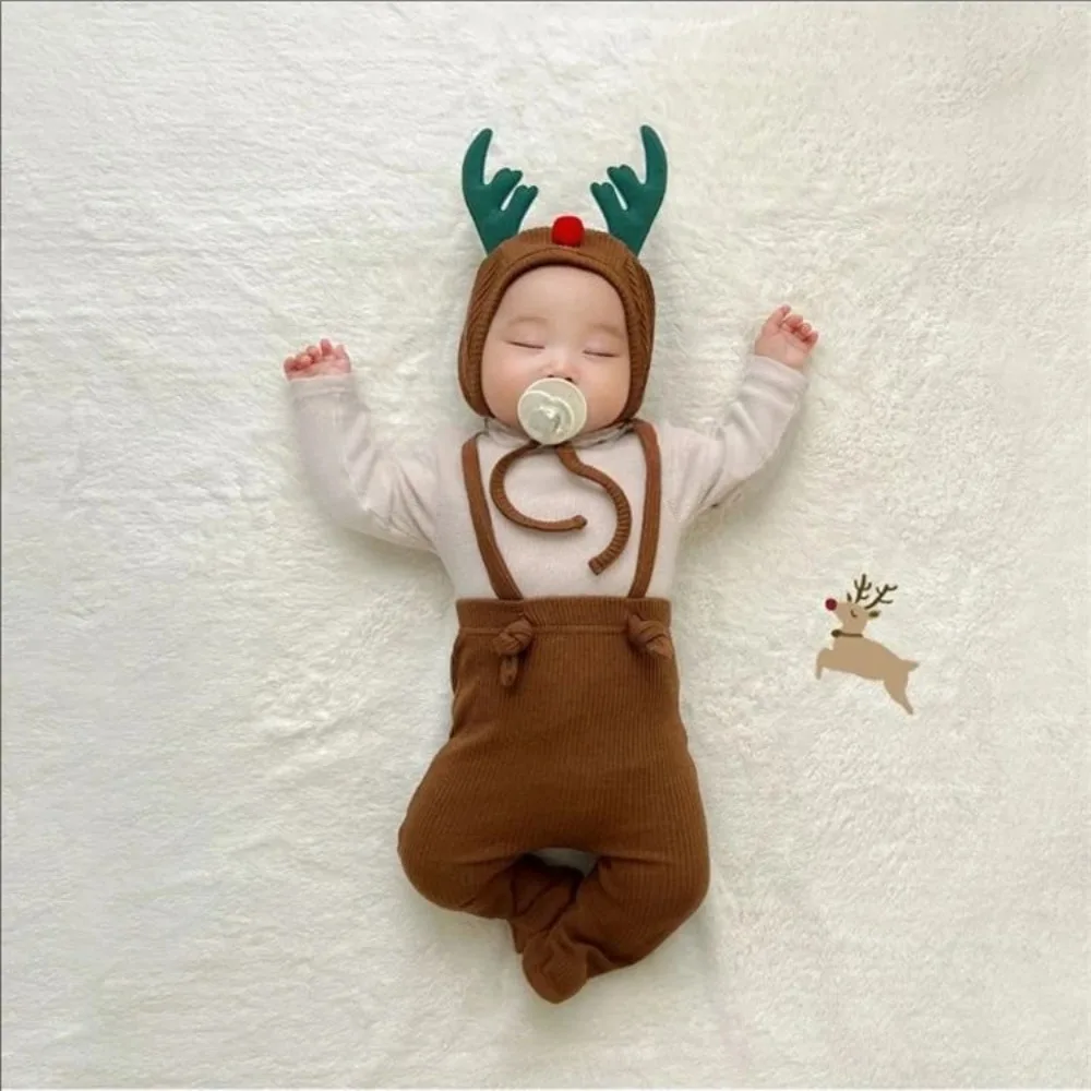 Durable Antler Infant Christmas Clothes Cotton Cute Rudolph Hat Suspender Pants 3-24 months